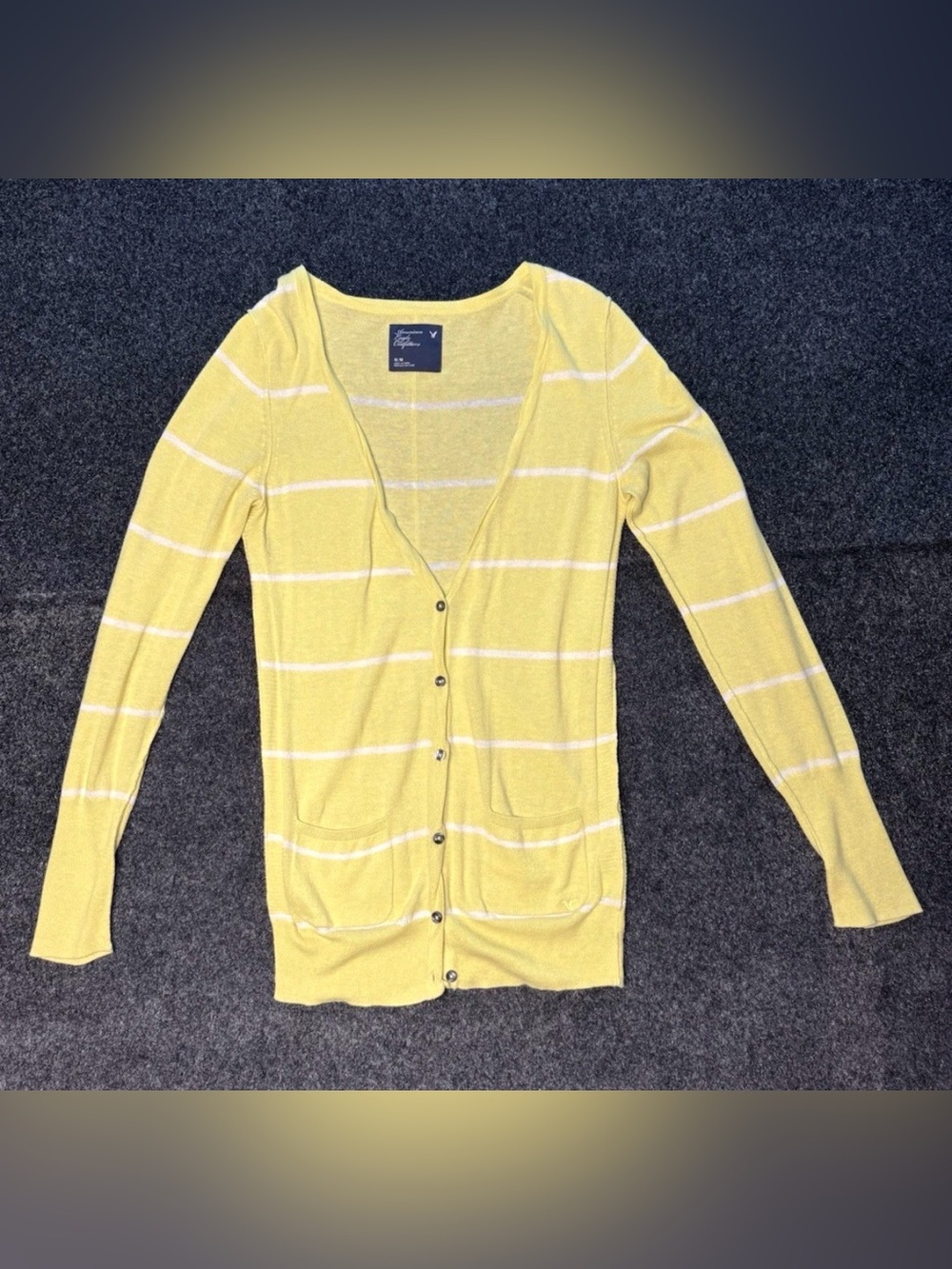 American Eagle Yellow White Striped Cardigan Sweater Cotton M